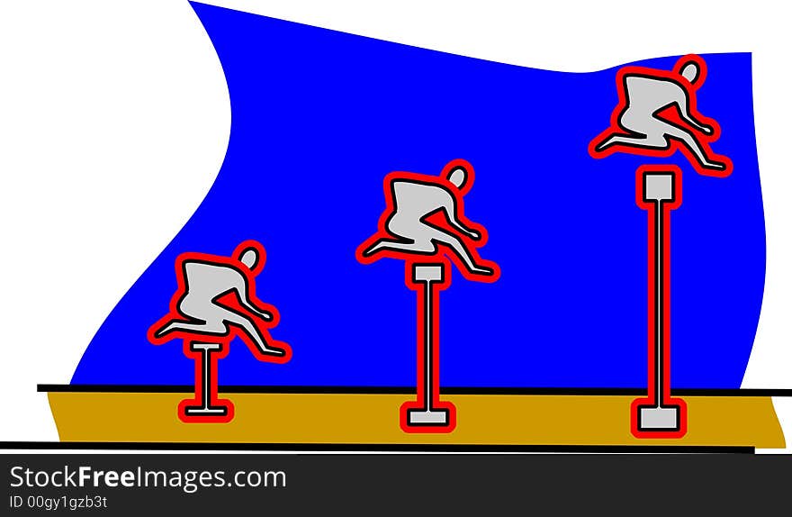 Three hurdlers hurdling over different heights metaphor for effort and achievement. Three hurdlers hurdling over different heights metaphor for effort and achievement