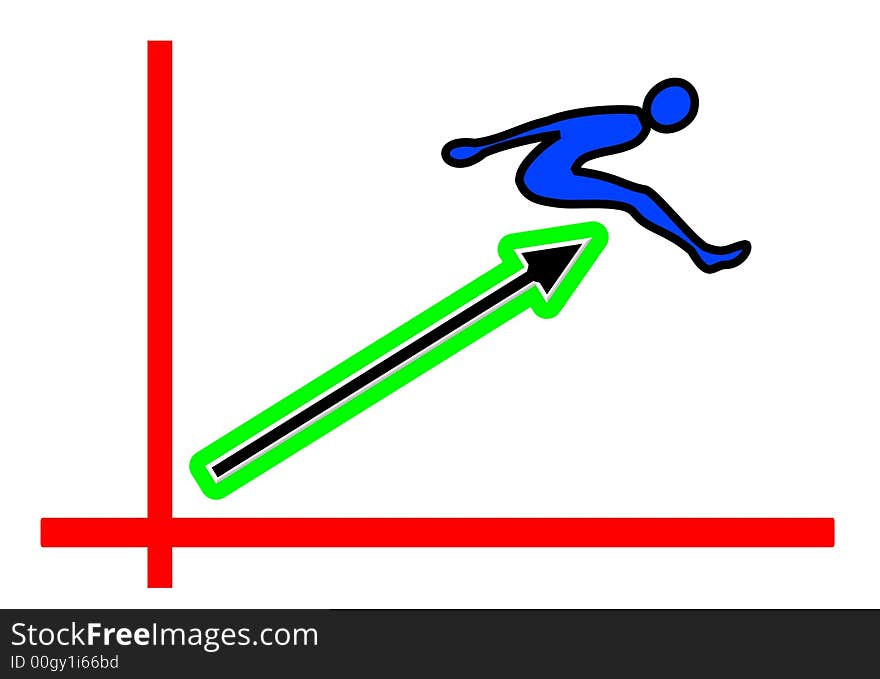 Long-jumper rising on the tip of an upward arrow, metaphor for business success. Long-jumper rising on the tip of an upward arrow, metaphor for business success