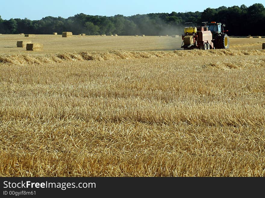 This is an image of a tractor and baler in a wheat field. This is an image of a tractor and baler in a wheat field.