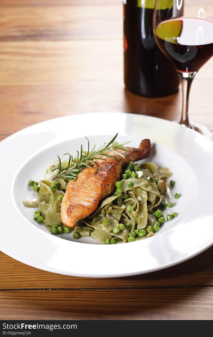 Salmon with wild garlic pasta