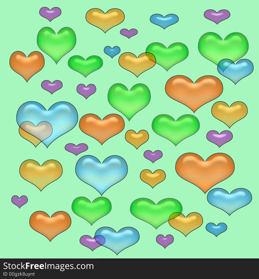 Colorful pastel opaque hearts scattered on   green background. Colorful pastel opaque hearts scattered on   green background