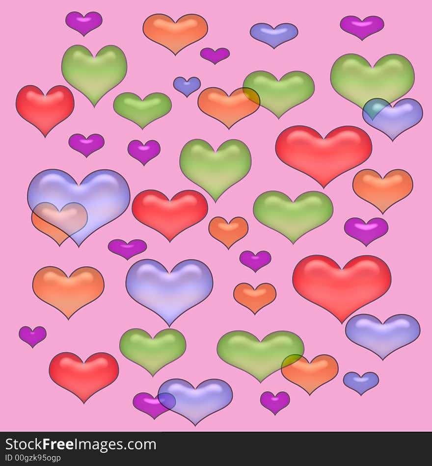 Colorful pastel opaque hearts scattered on pink background. Colorful pastel opaque hearts scattered on pink background