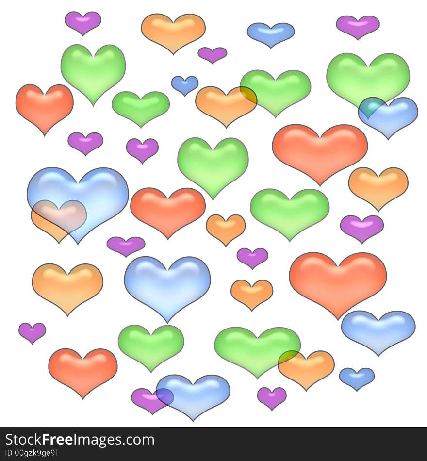 Colorful pastel opaque hearts scattered on white background. Colorful pastel opaque hearts scattered on white background