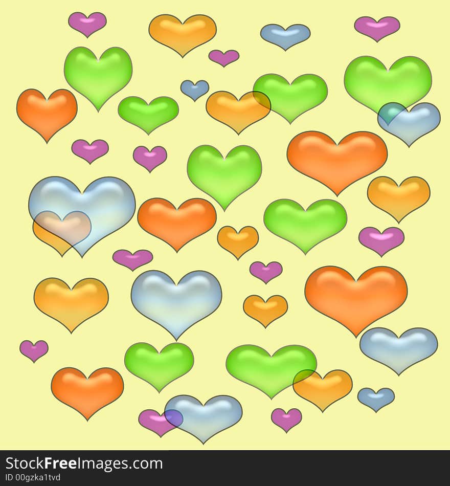 Colorful pastel opaque hearts scattered on   yellow background. Colorful pastel opaque hearts scattered on   yellow background