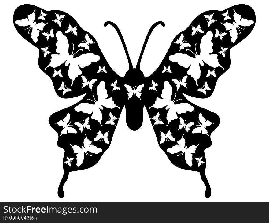 Butterflies fluttering around on a larger butterfly created in black and white on a white background. Butterflies fluttering around on a larger butterfly created in black and white on a white background.