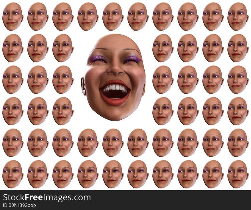 A set of female faces that are showing happy emotions, with an odd one that is bigger than all the rest.