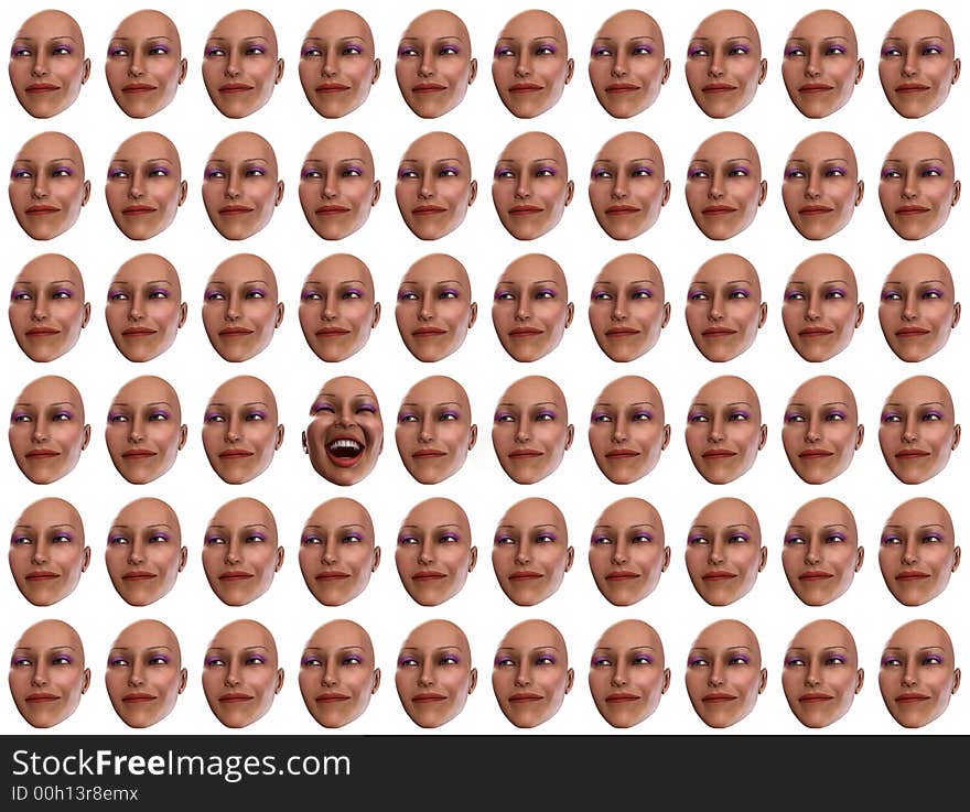 A set of female faces that are showing happy emotions, with an odd one out that is happy. A set of female faces that are showing happy emotions, with an odd one out that is happy.