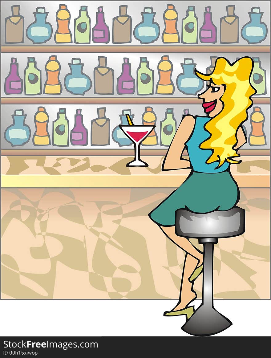 Art illustration: blond girl in a bar