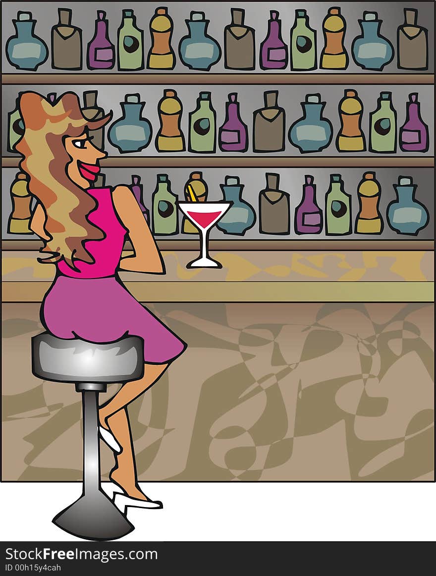 Art illustration: a brunet girl in a bar