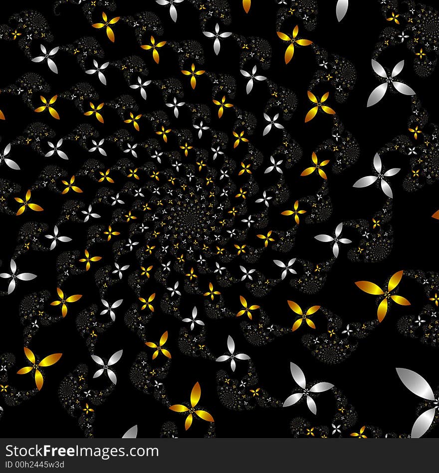 Many fractal flowers in gold and silver forming a spiral over black background. Many fractal flowers in gold and silver forming a spiral over black background