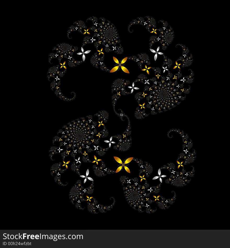 Many fractal flowers in gold and silver forming a multiple spirals over black background. Many fractal flowers in gold and silver forming a multiple spirals over black background