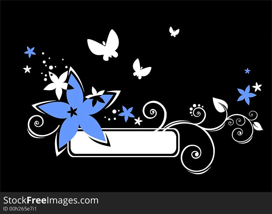 The white frame with blue and white flowers on a black background. The white frame with blue and white flowers on a black background.