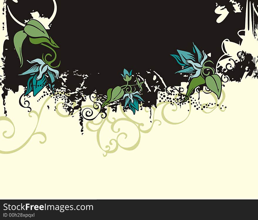 Floral grunge background with blue flowers, and ornamental details. Floral grunge background with blue flowers, and ornamental details.