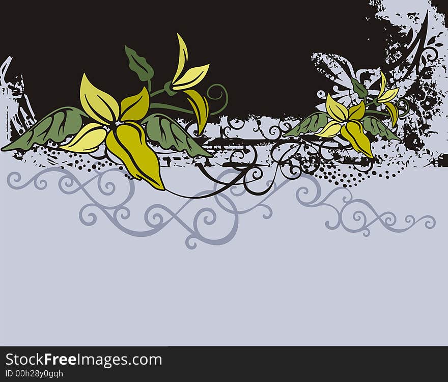 Floral grunge background with yellow flowers, and ornamental details. Floral grunge background with yellow flowers, and ornamental details.