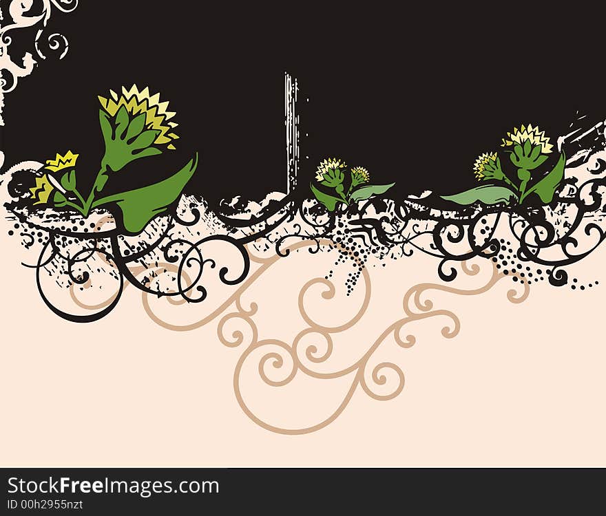 Floral grunge background with yellow flowers, and ornamental details. Floral grunge background with yellow flowers, and ornamental details.