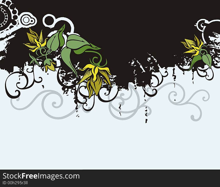 Floral grunge background with yellow flowers, and ornamental details. Floral grunge background with yellow flowers, and ornamental details.