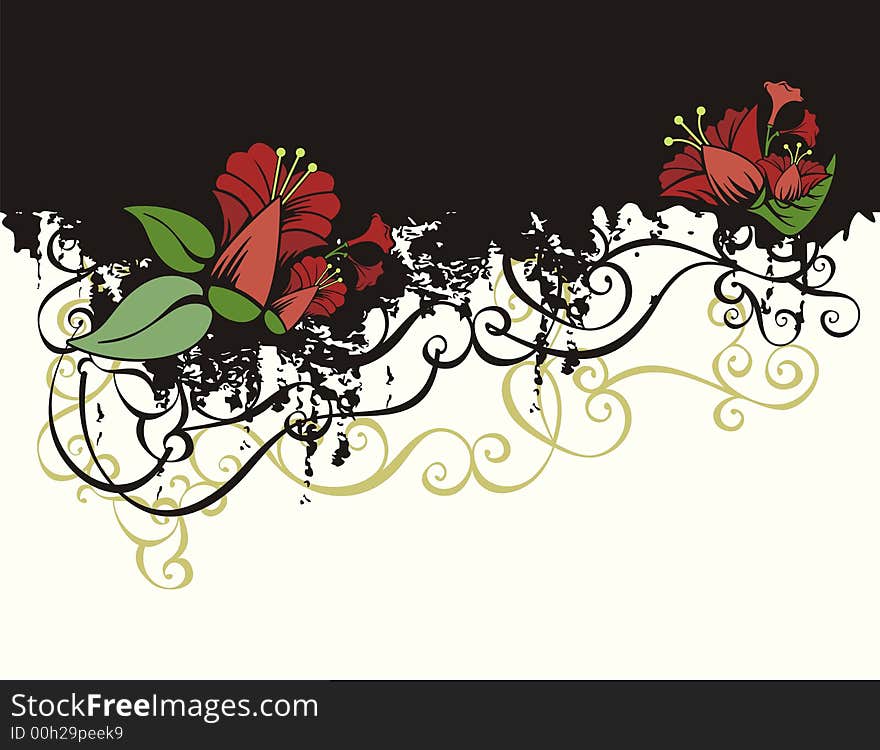 Floral grunge background with exotic red flowers, and ornamental details. Floral grunge background with exotic red flowers, and ornamental details.