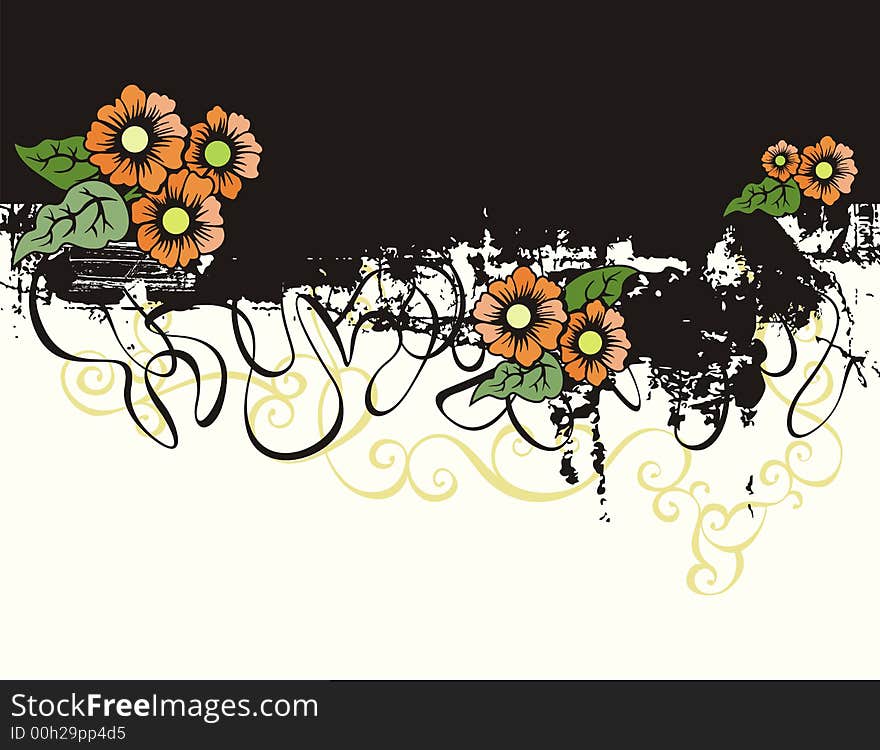 Floral grunge background with orange flowers, and ornamental details. Floral grunge background with orange flowers, and ornamental details.