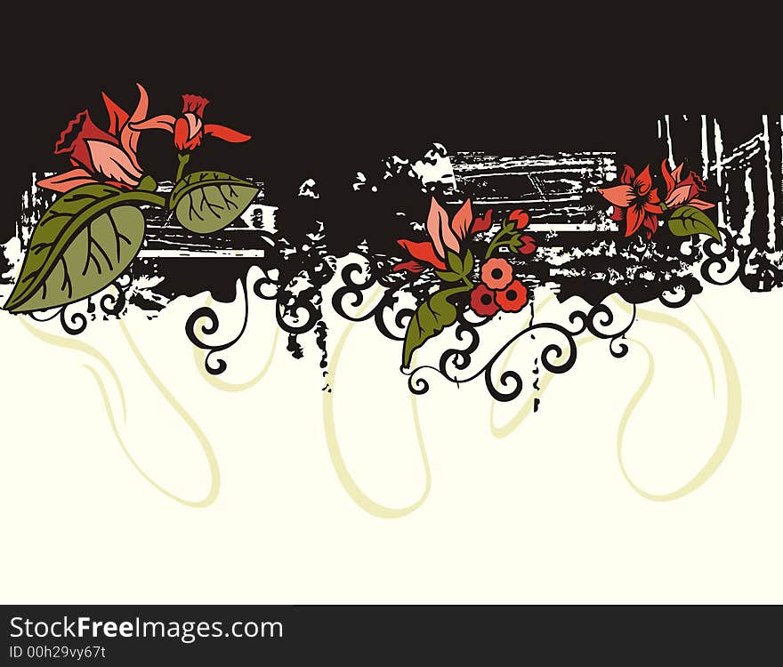 Floral grunge background with red flowers, and ornamental details. Floral grunge background with red flowers, and ornamental details.