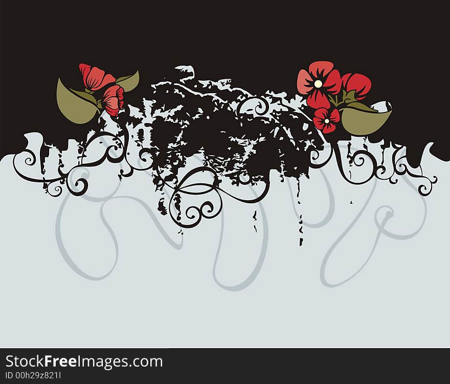 Floral grunge background with red flowers, and ornamental details. Floral grunge background with red flowers, and ornamental details.