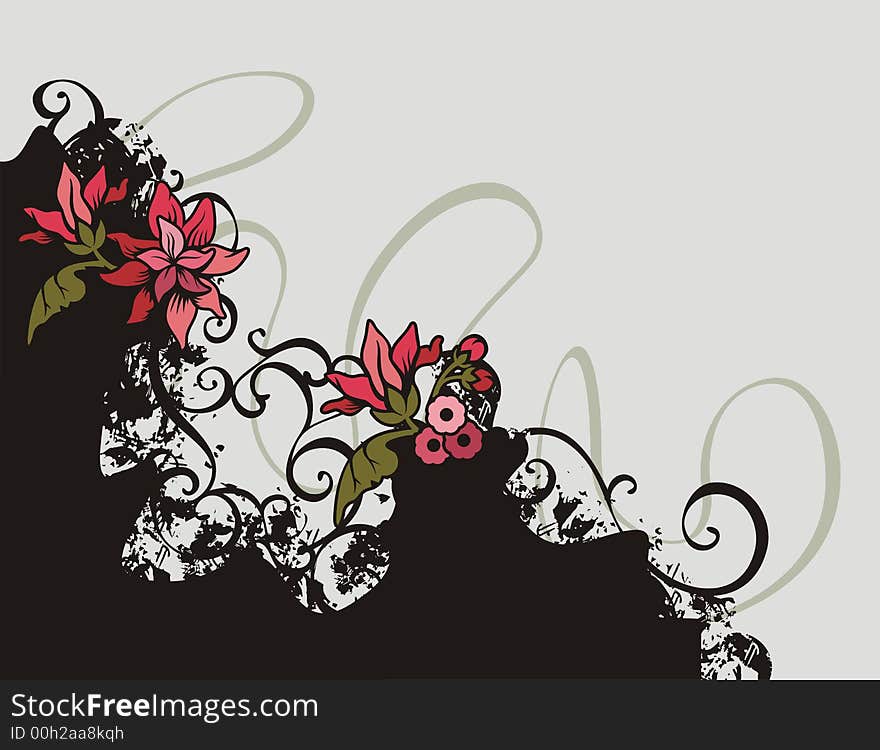 Floral grunge background with red flowers, and ornamental details. Floral grunge background with red flowers, and ornamental details.