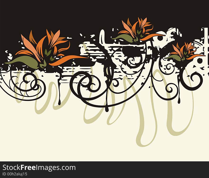 Floral grunge background with orange flowers, and ornamental details. Floral grunge background with orange flowers, and ornamental details.