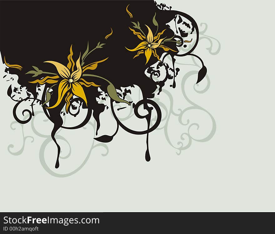 Floral grunge background with yellow flowers, and ornamental details. Floral grunge background with yellow flowers, and ornamental details.