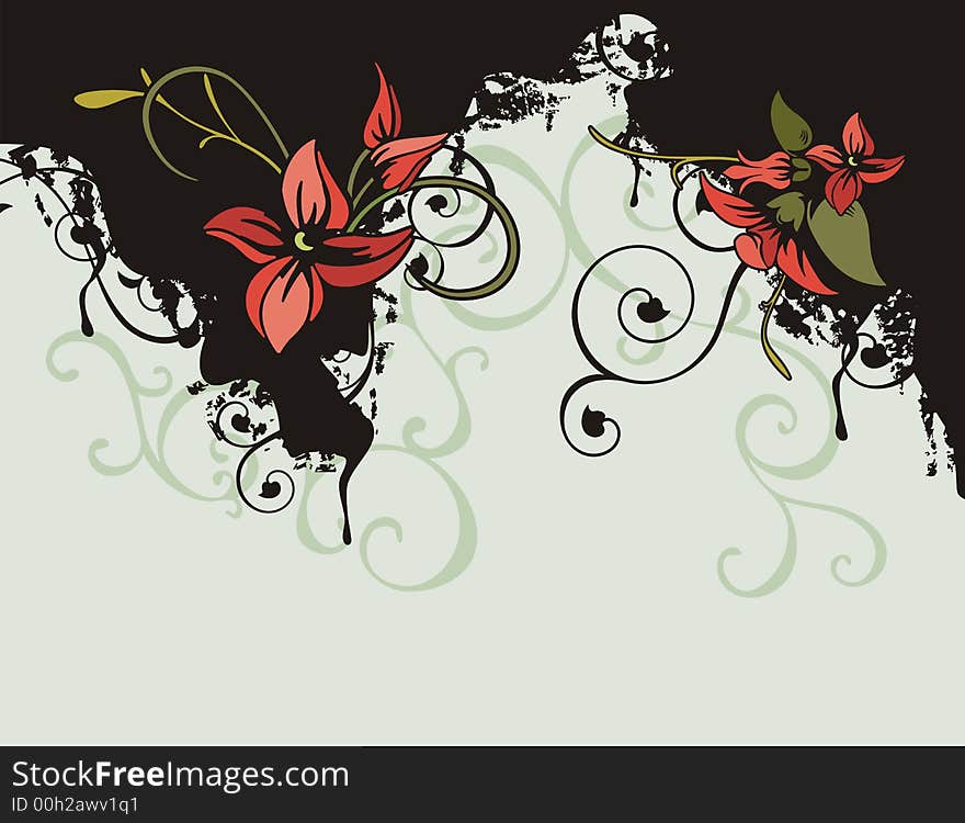 Floral grunge background with red flowers, and ornamental details. Floral grunge background with red flowers, and ornamental details.