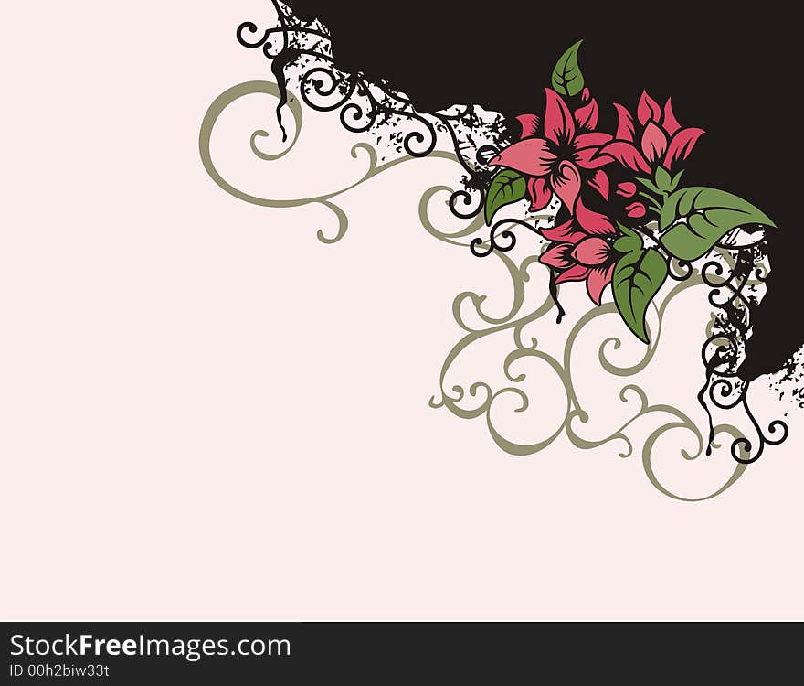 Floral grunge background with red flowers, and ornamental details. Floral grunge background with red flowers, and ornamental details.