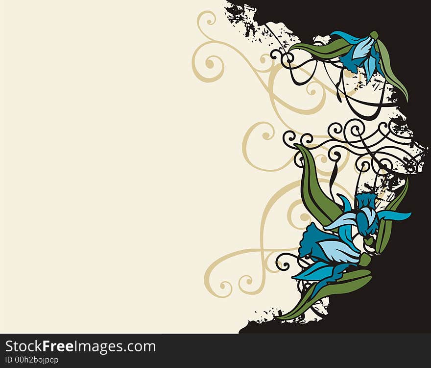 Floral grunge background with blue flowers, and ornamental details. Floral grunge background with blue flowers, and ornamental details.