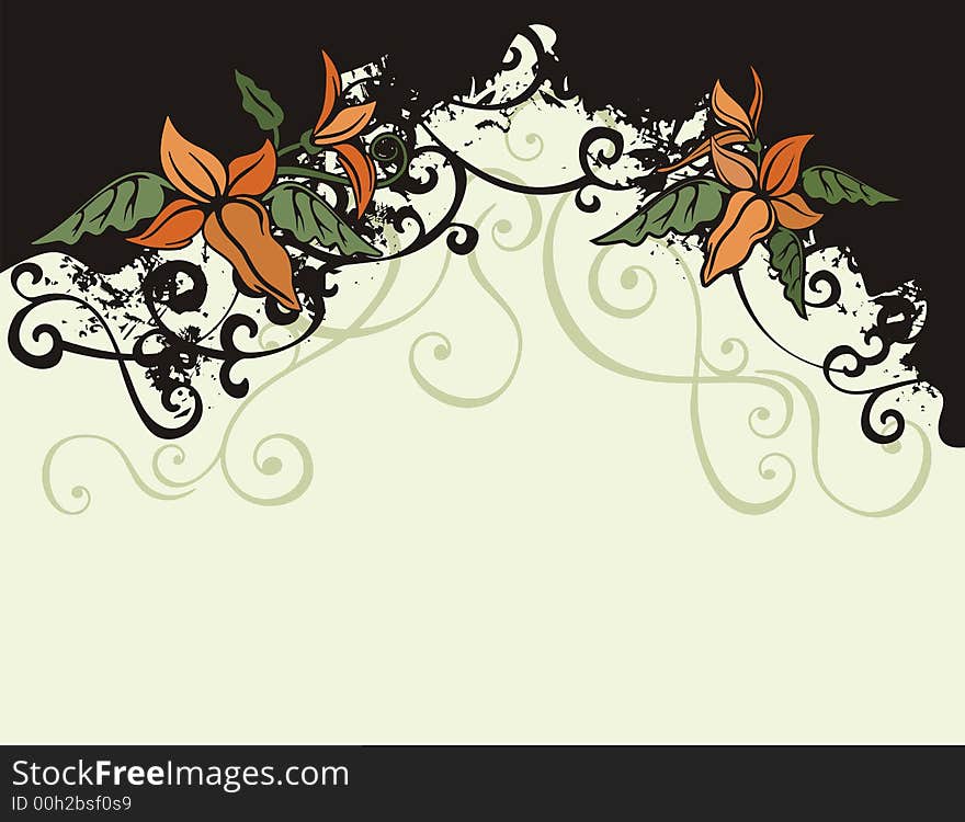 Floral grunge background with orange flowers, and ornamental details. Floral grunge background with orange flowers, and ornamental details.