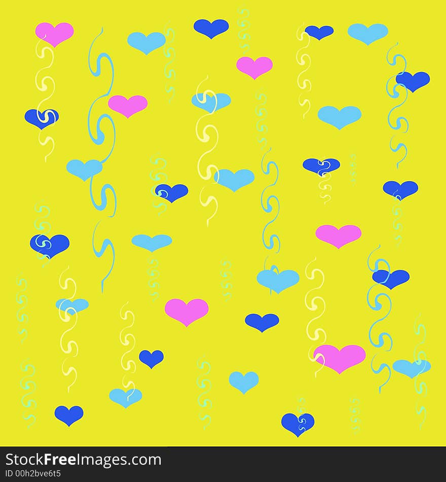 Colorful  hearts and streamers scattered on  yellow background