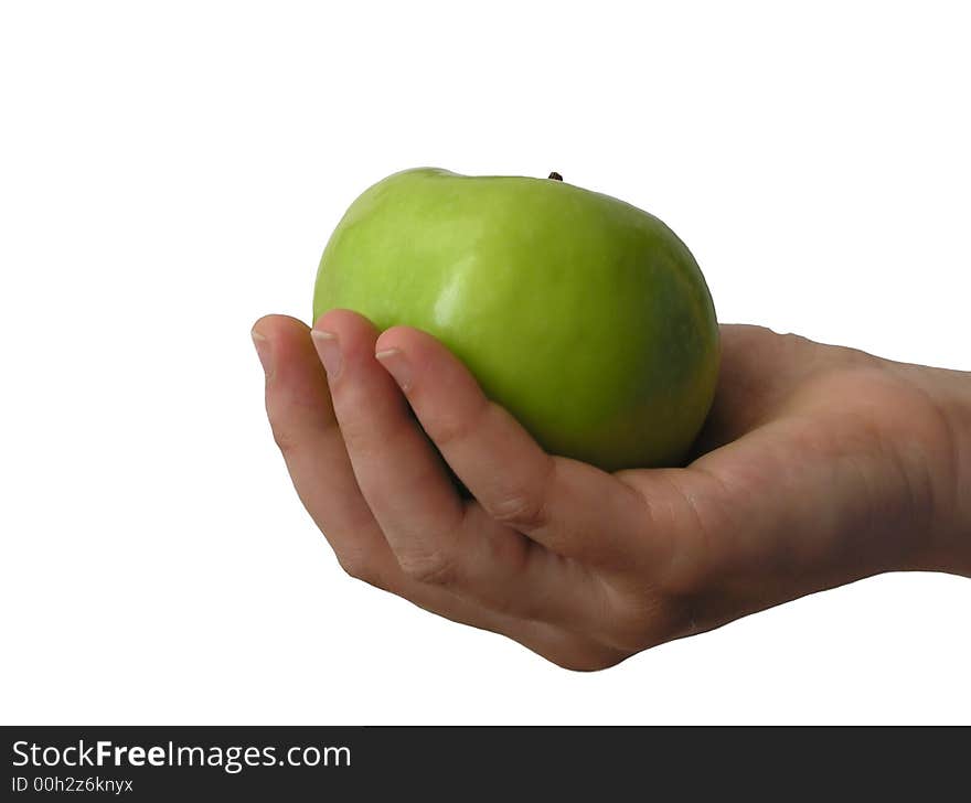 Green apple in hand, isolated