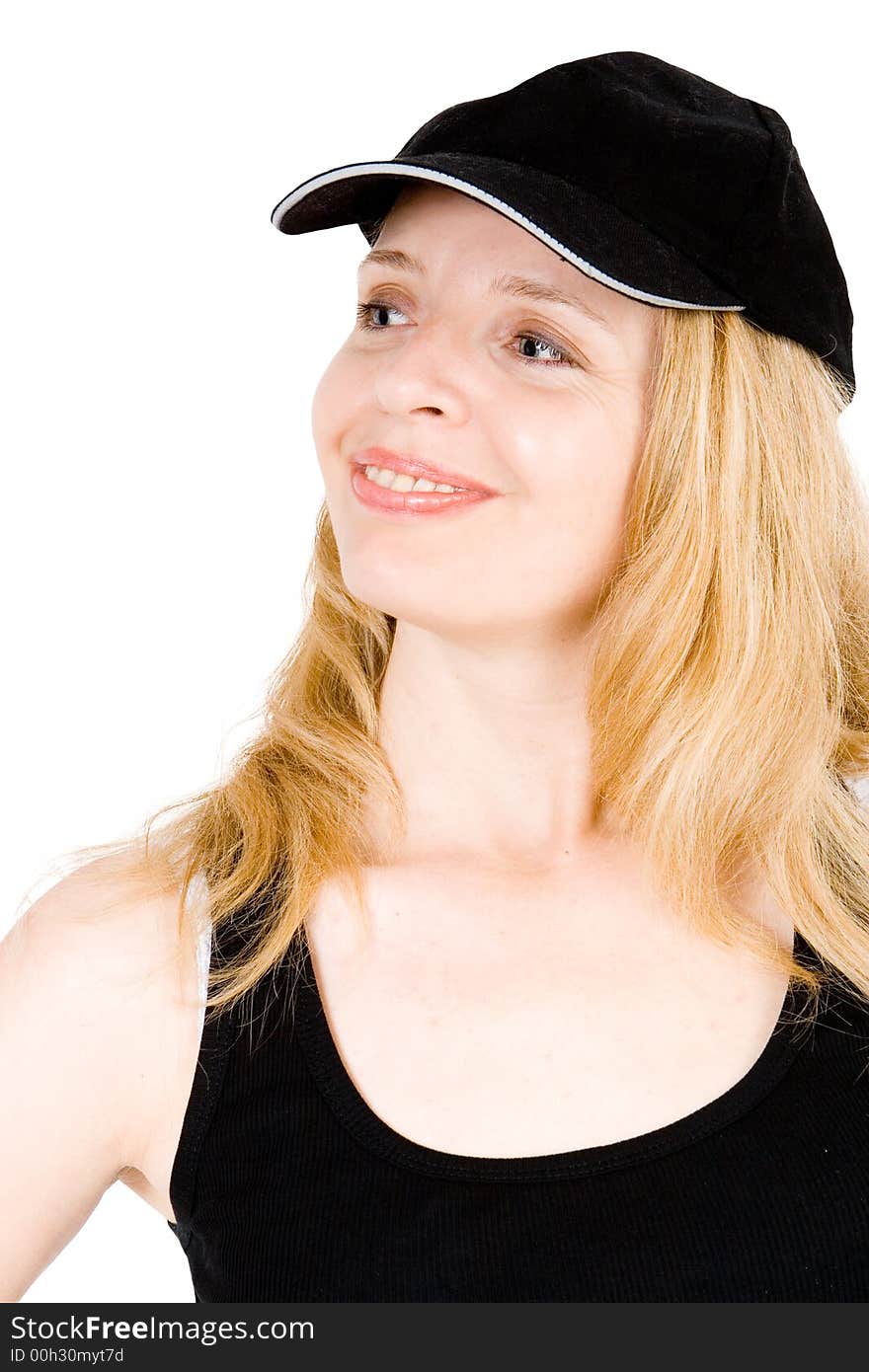 An attractive blond woman wearing a baseball cap