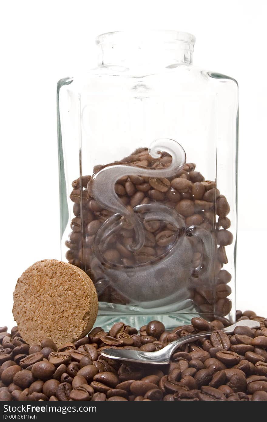 Composition with jar full of colombian coffee isolated on white background