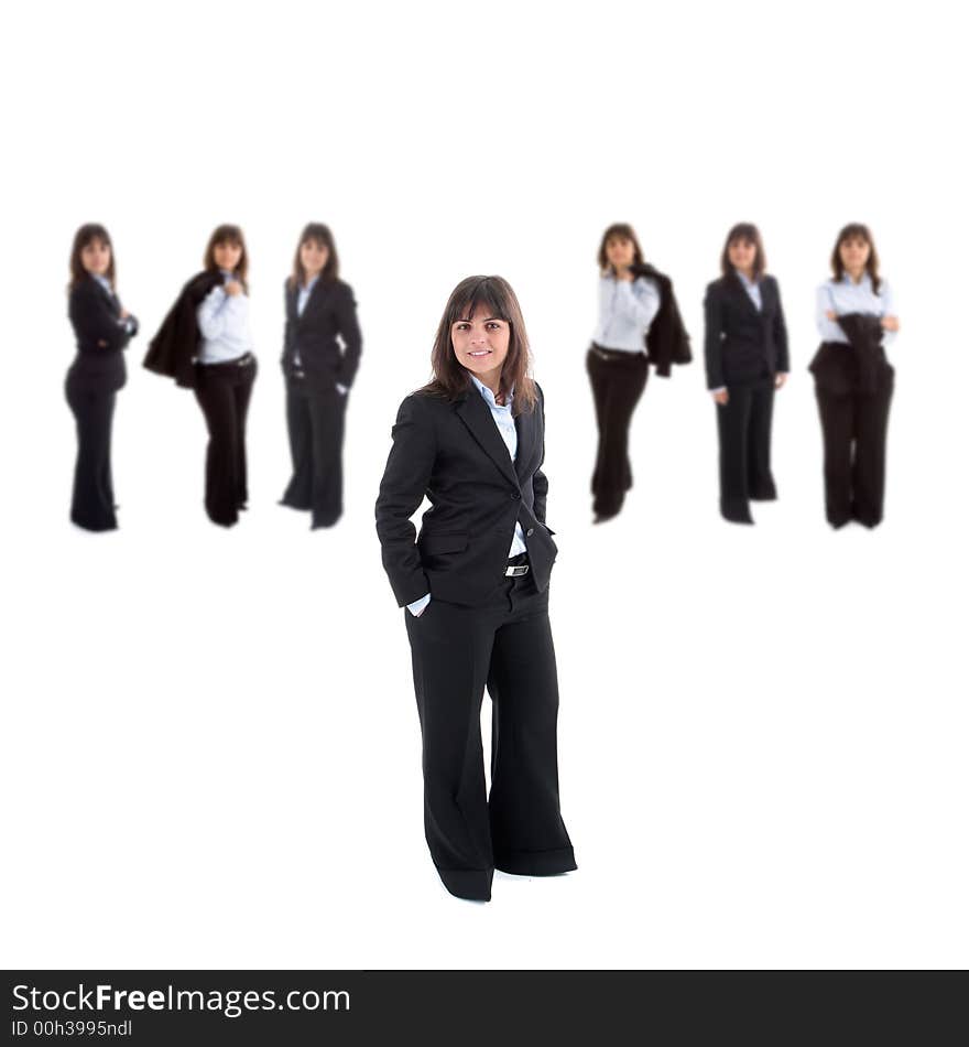 Business woman leading corporate team isolated on white background. Business woman leading corporate team isolated on white background