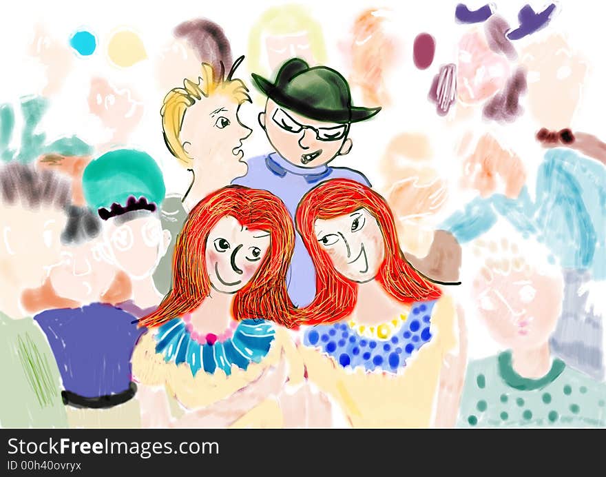 Illustration with many children talking and laughing. Illustration with many children talking and laughing