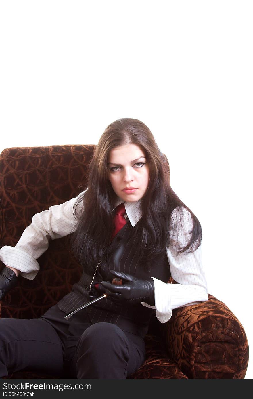 Portrait of the woman with a pipe. Studio shoot