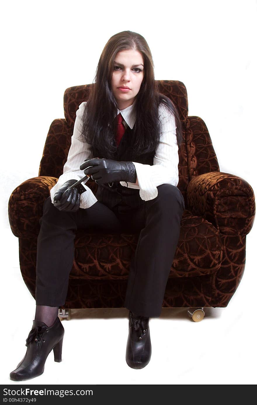 Portrait of the woman with a pipe. Studio shoot