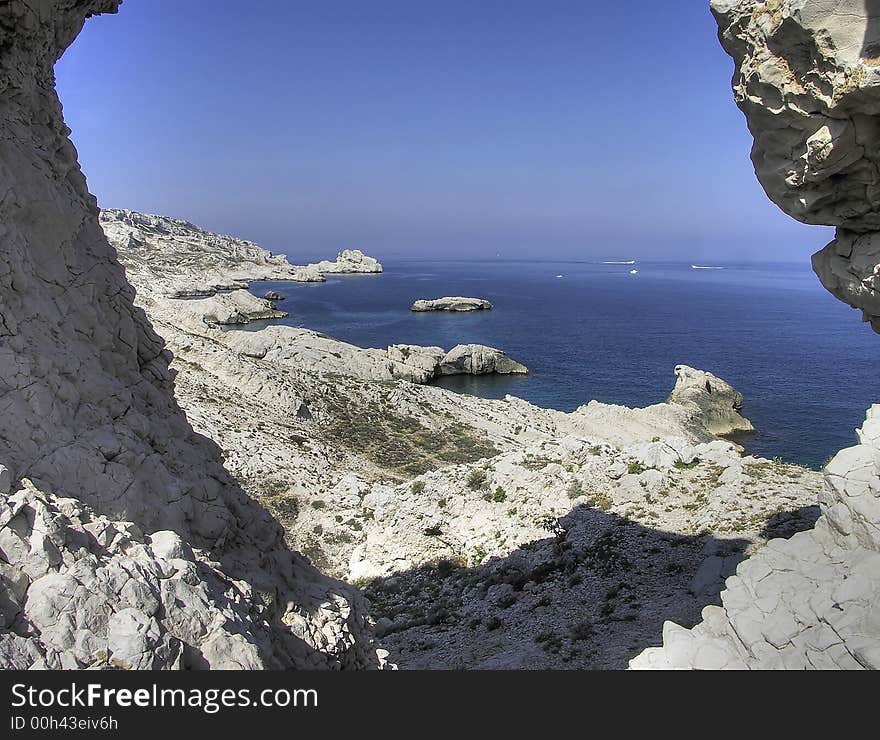 This is a view from \\\Roche Percee\\\, in Ratonneau Island, from Frioul Archipelago, in Marseilles (France). This is a view from \\\Roche Percee\\\, in Ratonneau Island, from Frioul Archipelago, in Marseilles (France)