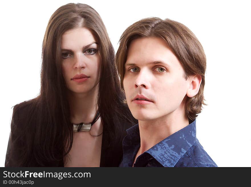 Portrait of the man and the woman. Studio shooting, the white background isolated. Portrait of the man and the woman. Studio shooting, the white background isolated