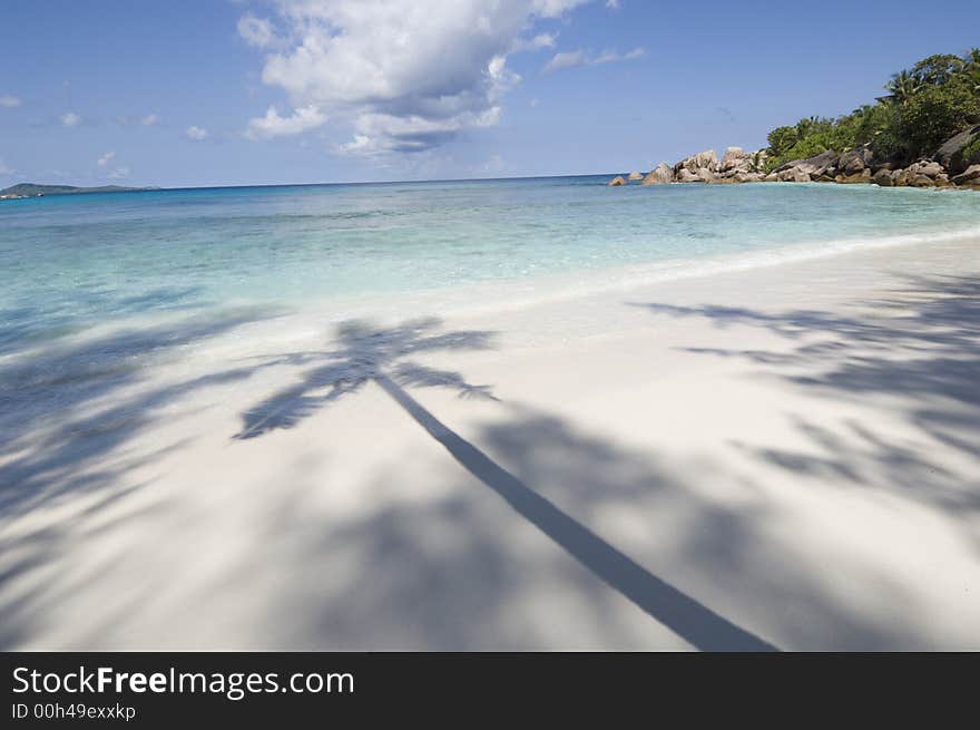 Anse Coco beach, La Digue, Seychelles. Shadow of palm tree. Anse Coco beach, La Digue, Seychelles. Shadow of palm tree