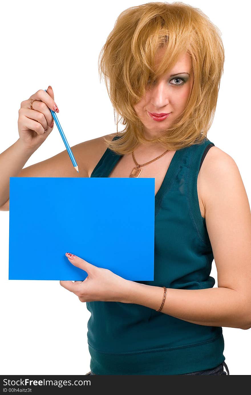 The girl with dark-blue the blank and a pencil stands on a white background. The girl with dark-blue the blank and a pencil stands on a white background