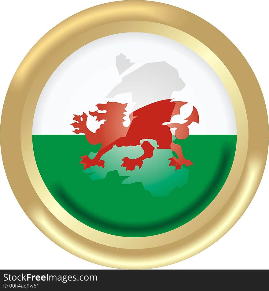 Round gold medal with map and flag from wales