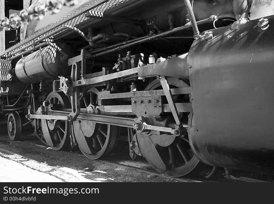 Detail of a vintage steam engine. black & white. Detail of a vintage steam engine. black & white