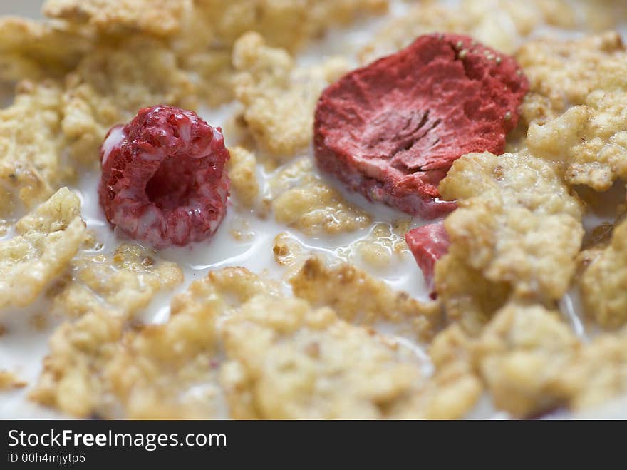 Closeup on corn flakes with dried red fruits and fresh milk. Closeup on corn flakes with dried red fruits and fresh milk