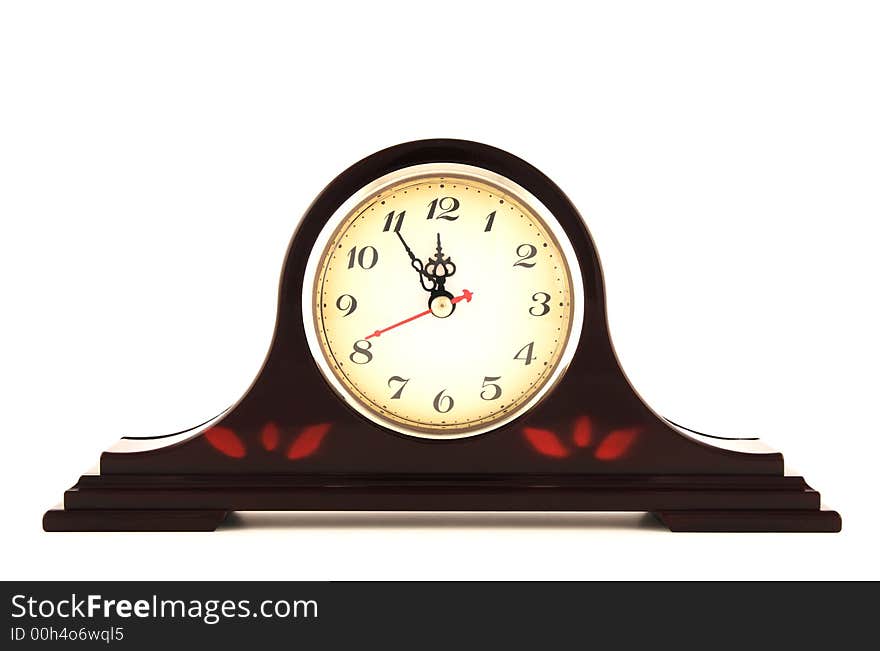 Old fashioned clock showing five minutes to 12.