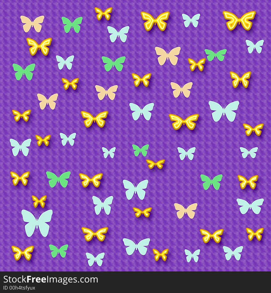 Colorful 3d butterflies scattered on purple background. Colorful 3d butterflies scattered on purple background