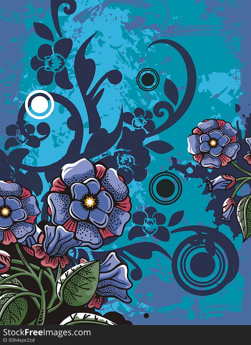 Floral grunge background with blue flowers, leaves, circles and ornamental details. Floral grunge background with blue flowers, leaves, circles and ornamental details.