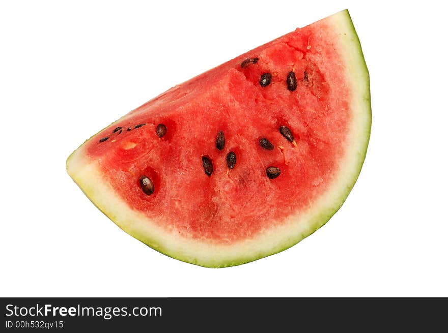 A piece of fresh and juicy watermelon isolated over white background. A piece of fresh and juicy watermelon isolated over white background